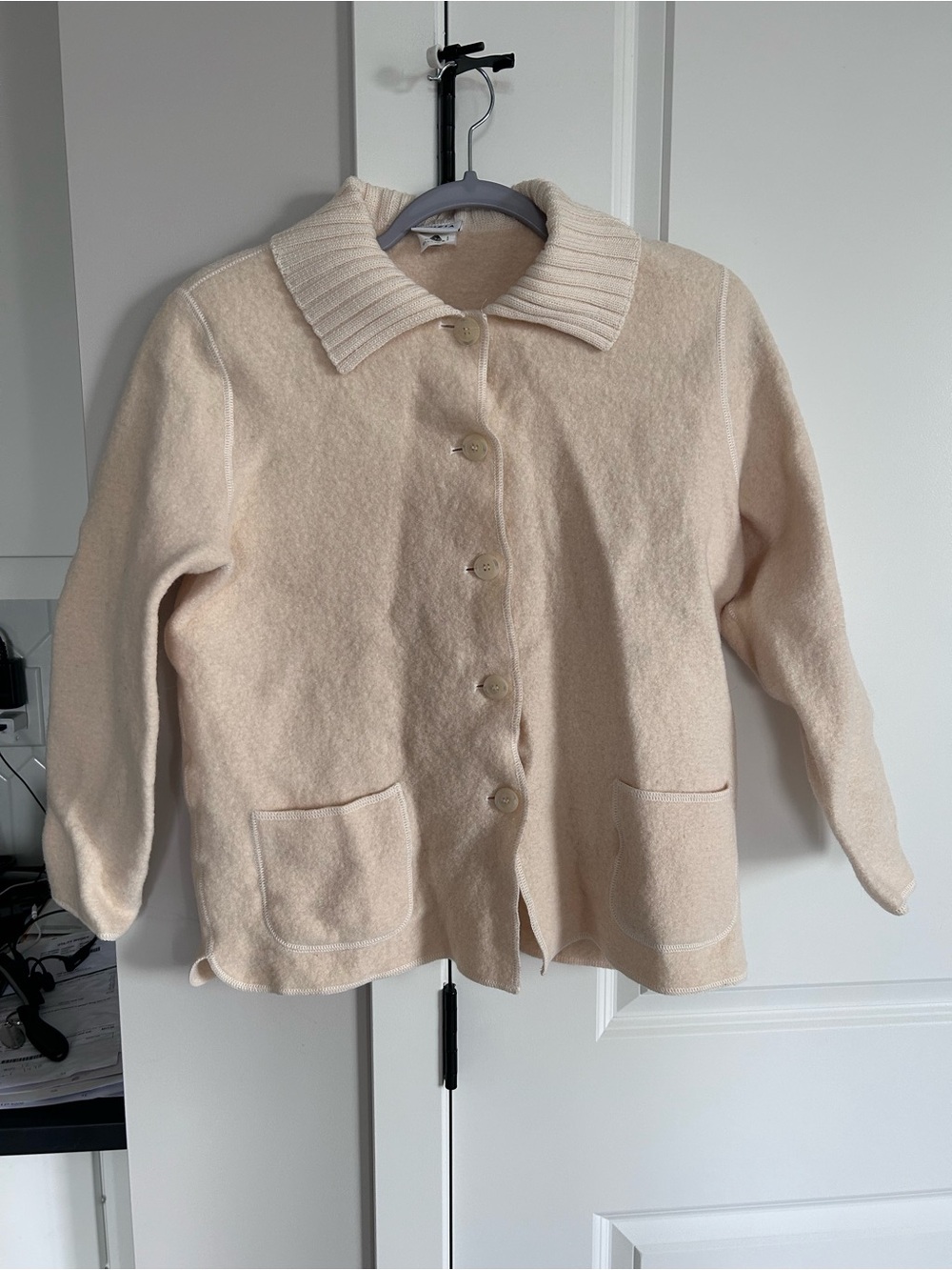 Lucia Woolmark Cream Wool Cardigan Wide Ribbed Collar Textured Cozy Knit Sweater